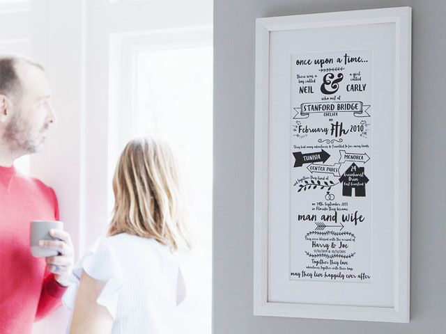 White and black personalised framed print with typography hanging on indoor wall, designed by LETTERFEST -notonthehgihstreet-living-room-goodhomesmagazine.com