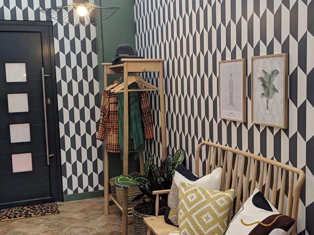 black and white wallpaper in boot room roomset in good homes roomsets at ideal home show 2019