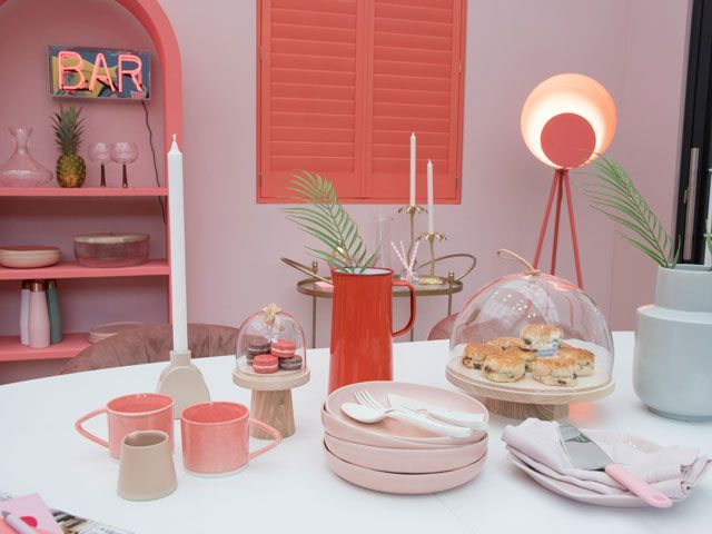 coral kitchen diner room with dining table in the good homes roomsets at ideal home show 2019