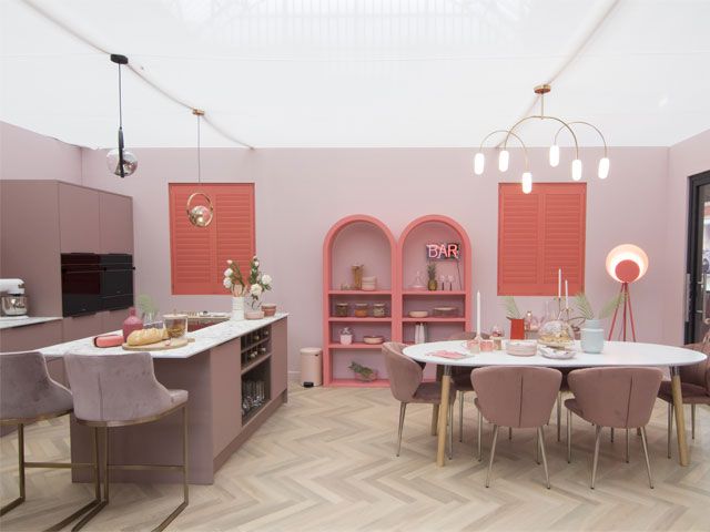 Image of the Good Homes pink kitchen diner roomset at the Ideal Home Show spring 2019, inspired by Prince Harry and Meghan -competitions-goodhomesmagazine.com