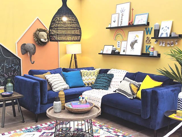 yellow living room blue sofa family room good homes ideal home show 2019 copy