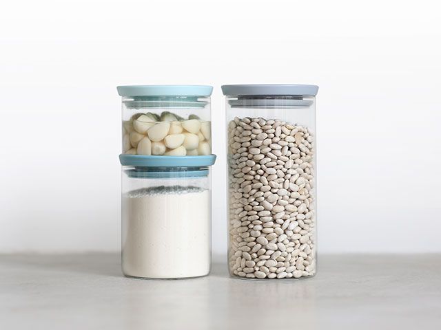 Set of three Brabantia glass containers with blue and grey lids