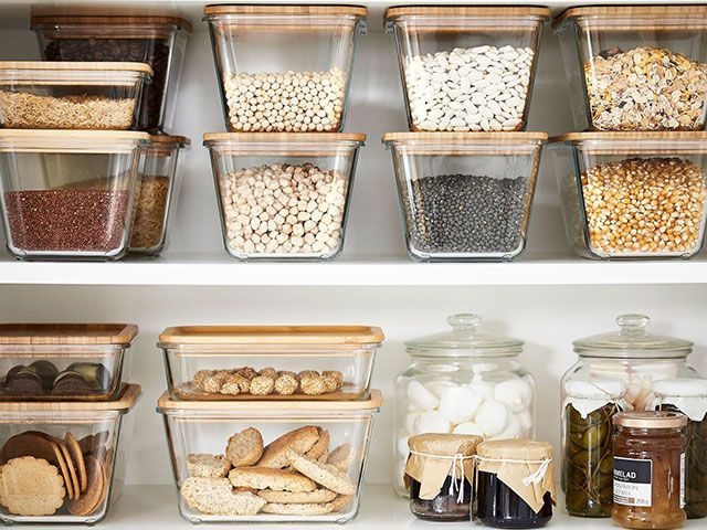 Ikea 365 food storage with bamboo lids on kitchen shelves