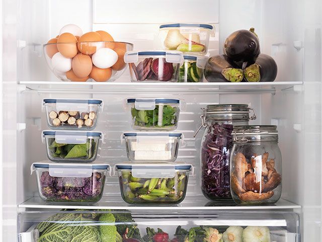 Ikea glass food containers with plastic lids in a fridge