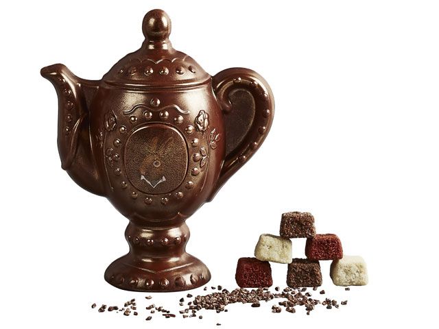 A chocolate teapot with brown and white chocolate sugar cubes made by Heston Blumenthal -waitrose-shopping-goodhomesmagazine.com