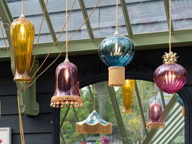 mixed pendant lighting in the Alitex Greenhouse styled by Selina Lake at the chelsea flower show 2019