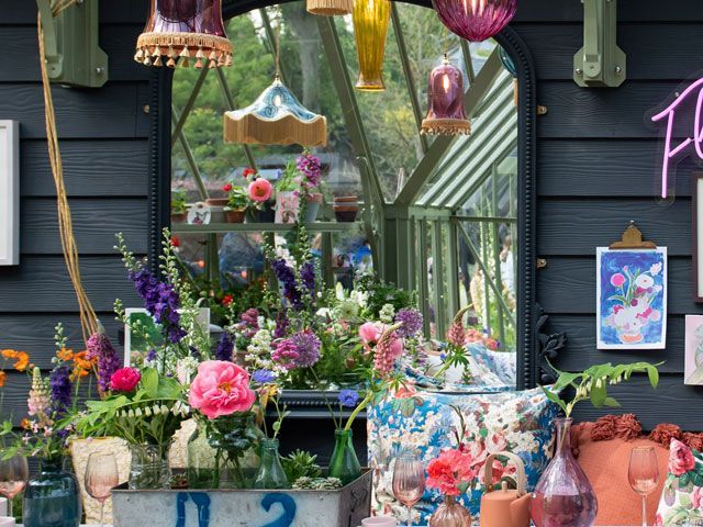 mirror and flowers in the Alitex greenhouse styled by Selina Lake at the chelsea flower show 2019