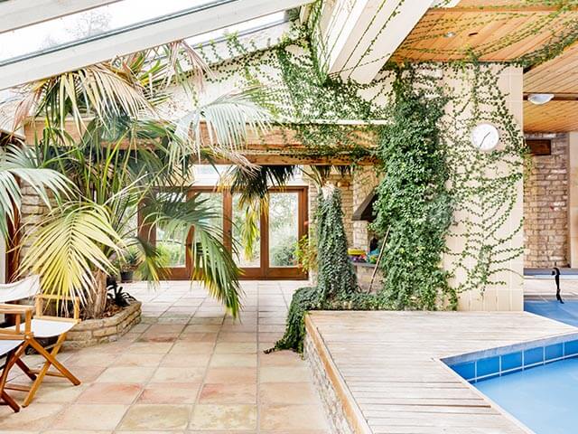 converted granary, pool area with topical plants, best UK airbnb Somerset.jpg