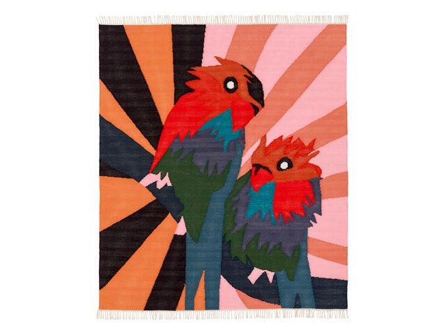 designer craig green x ikea art event rug featuring parrots and stripes 