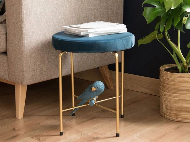 teal round footstool with gold metal legs and parakeet from maisons du monde ss19 collection