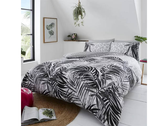 Leopard black and white tropical leaves bed set in white bedroom - wayfair