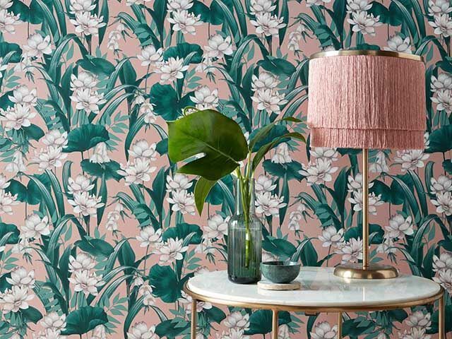 blush pink and green wallpaper with lotus flowers - accessorize wallpaper top picks - goodhomesmagazine.com