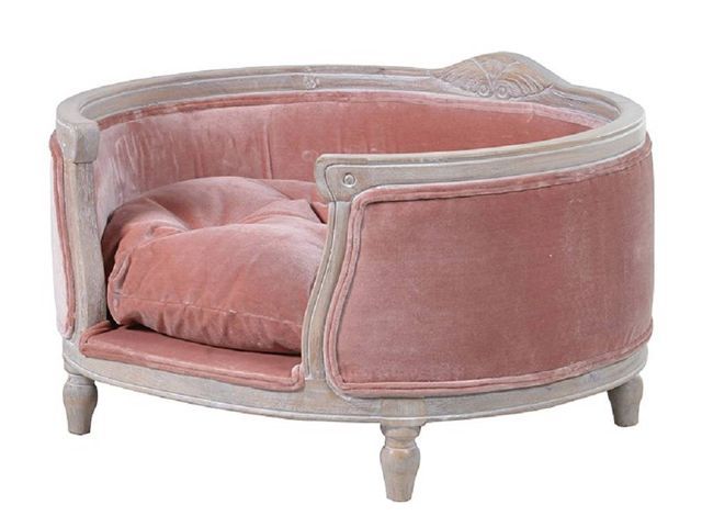 hand carved pink velvet dog bed by The Orchard and sold on Not on the high street