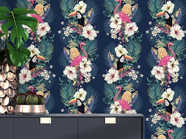 navy blue tropical wallpaper with toucans, flamingos, palm leaves, pineapples - accessorize wallpaper top picks - goodhomesmagazine.com