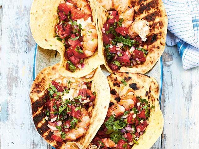 small prawn tacos with salsa - easy bbq recipes - Fire Food: The Ultimate BBQ Cookbook - goodhomesmagazine.com