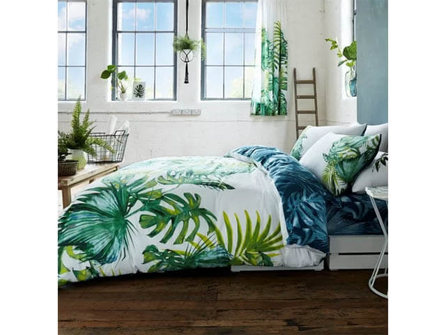 tropical leaf bed set with dark reverse side in white bedroom - wayfair