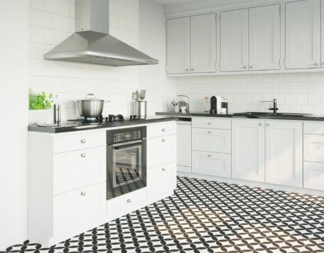 A kitchen decorated in white with vintage look floor tiles copy