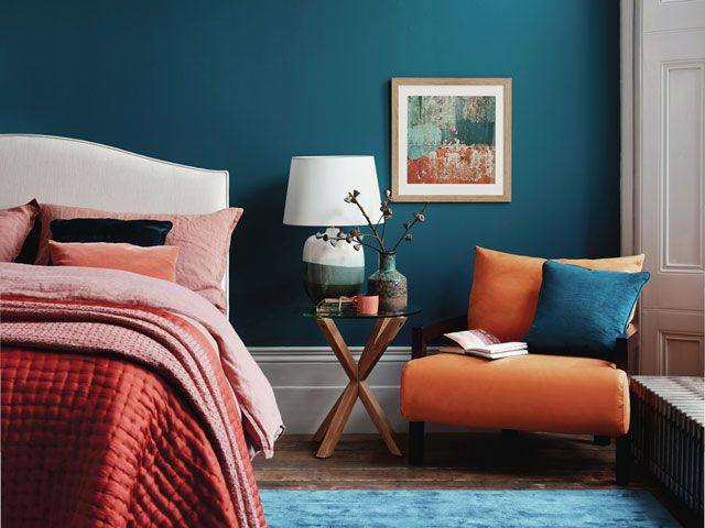 furniture village lamp and bed in a blue bedroom