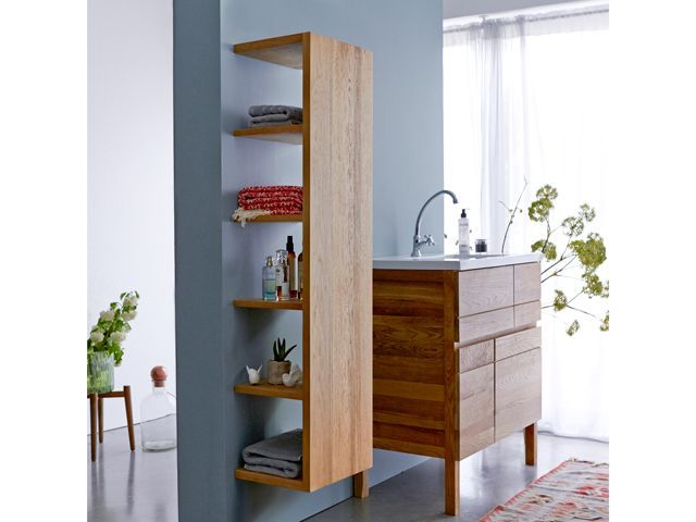 Tikamoon wood storage in a small compact bathroom