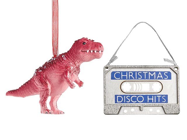 quirky dinosaur and cassette christmas decorations from john lewis - goodhomesmagazine.com