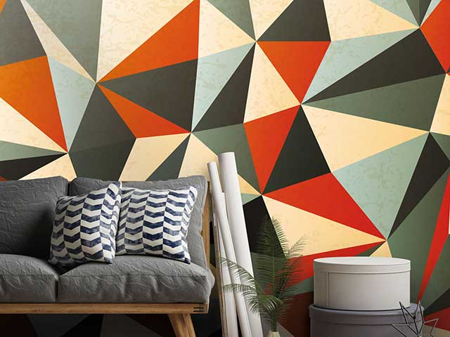 Geometric autumn wallpaper trend in living room