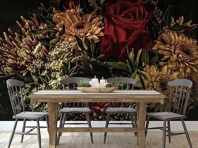 Dark fall floral autumn wallpaper trend in dining room