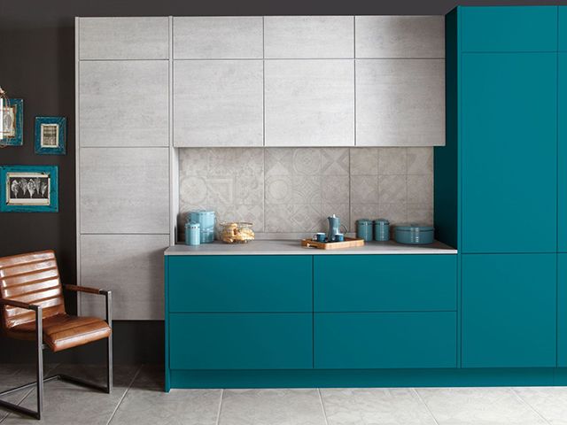 burbidge otto teal and concrete cabinets