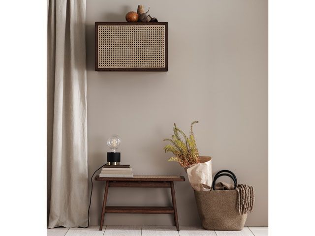 h&m home acacia wood and rattan wall cabinet and stool from their AW19 collection