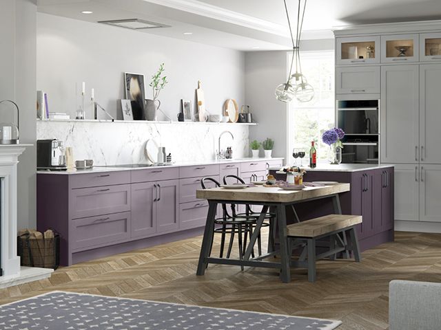 wisteria mulberry purple kitchen-diner with island