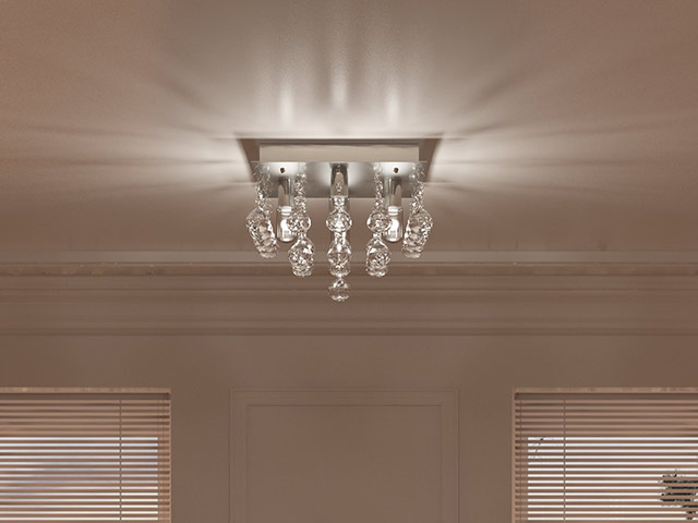 Chandelier bathroom lights in spacious neutral room with roman blinds