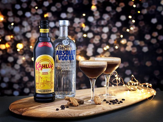 Festive Espresso Martini with Absolut vodka and Kahlua bottles - Credit: Pernod Ricard