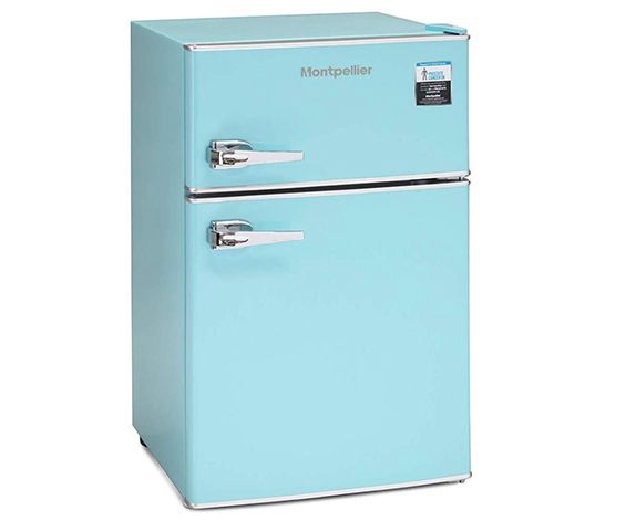 blue retro fridge on white background