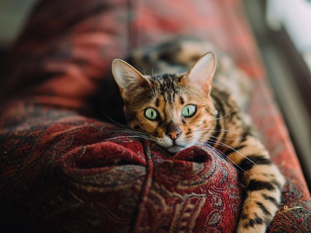 Bengal cat relaxing on soft furnishing - Credit: Caleb Woods