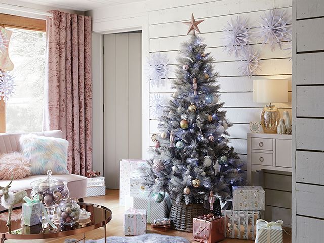 dunelm festive glam in a light, bright scandi style living room - our top high street Christmas tree looks - inspiration - goodhomesmagazine.com