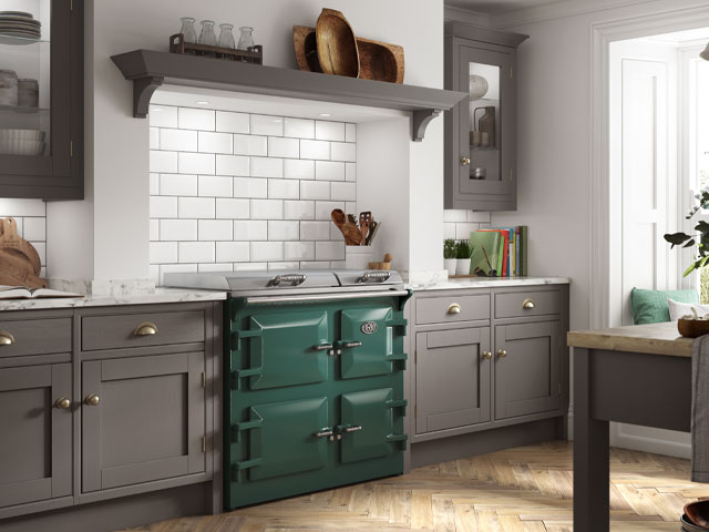 energy efficient Everhot 100+ in forest green in a grey kitchen 