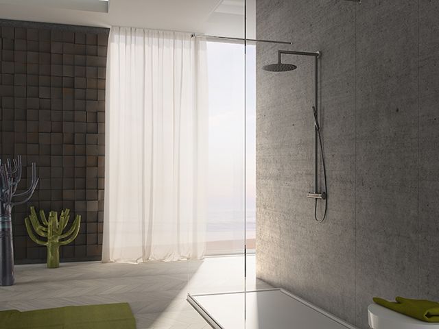 sleek shower column fixed and handheld from frontline - bathroom - goodhomesmagazine.com
