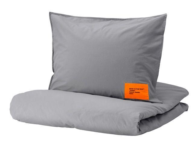 grey bedding with orange label by virgil abloh for his ikea collection