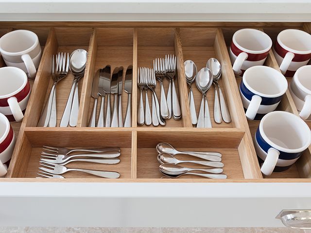 humphrey munson cutlery drawer with mug storage in shaker kitchen - goodhomesmagazine.com