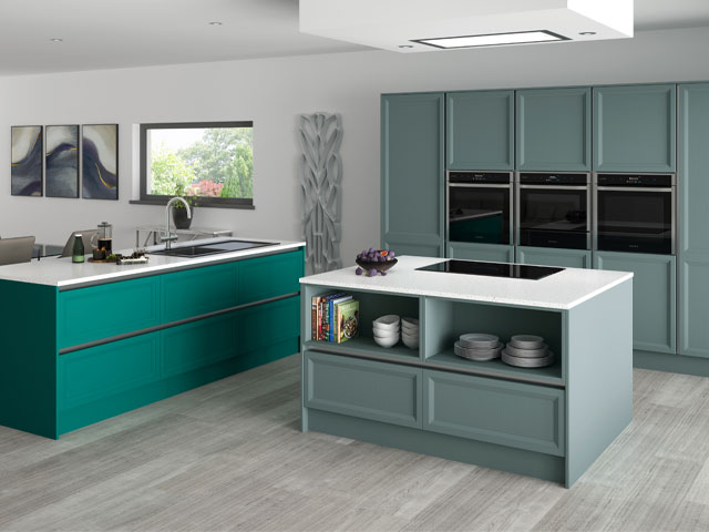 kitchen trends: mix and match cabinets in green and grey