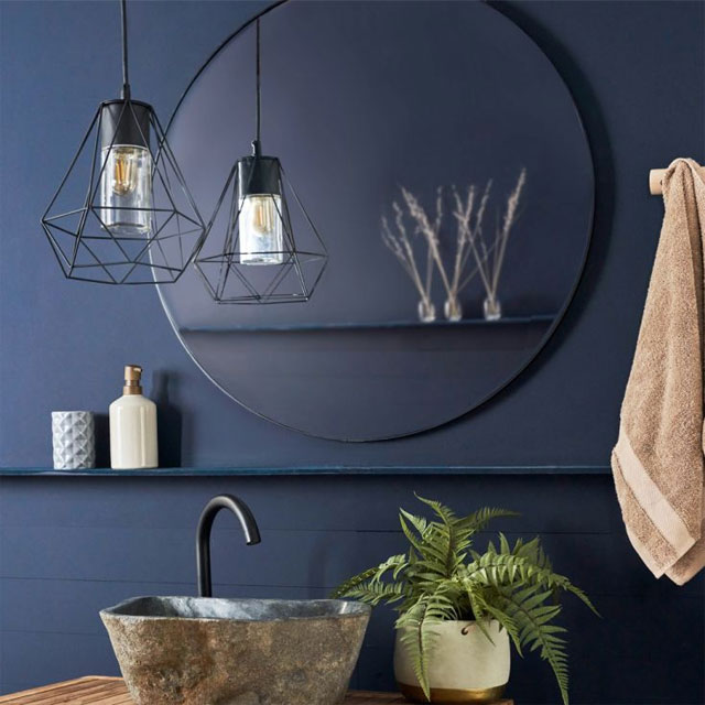 diamond pendant light with exposed bulb for bathroom: Diablo IP44 Electric Pendant in black will add the perfect finishing touch to any bathroom or en suite. Available from Iconic Lights