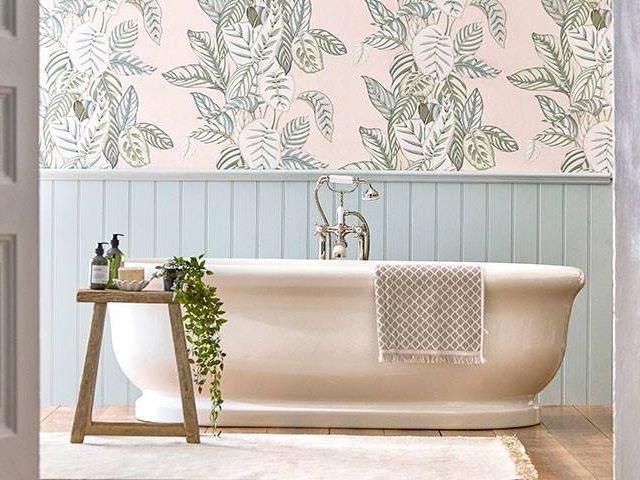 Sanderson glasshouse collection wallpaper with panelling in bathroom - goodhomesmagazine.com