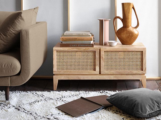 swoon raphia rattan cane webbing media unit - goodhomesmagazine.com