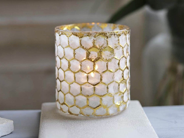 White and Gold Honeycomb Tealight Holder Dip Glaze Plant Pot Terracotta  -  secret santa gift ideas goodhomesmagazine.com