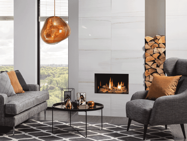 A wood effect gas stove in a modern lounge