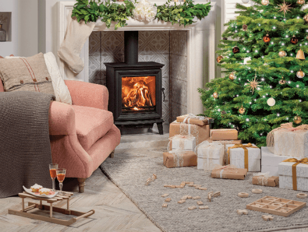 Woodburning stove with Christmas tree and decorations copy