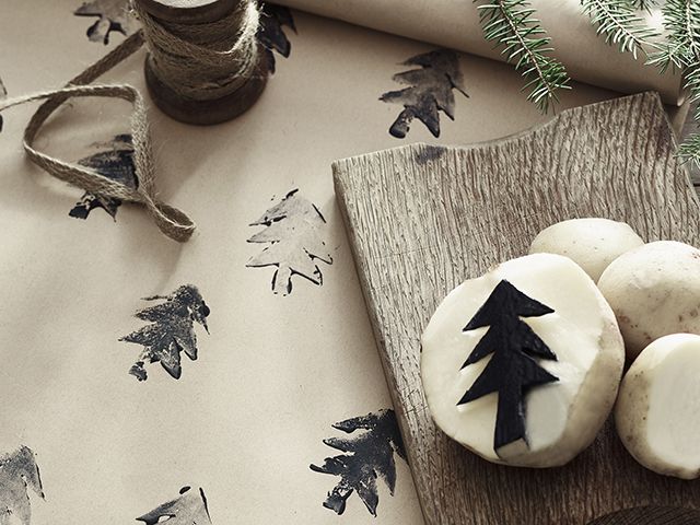 annie sloan wrapping paper potato print diy - goodhomesmagazine.com