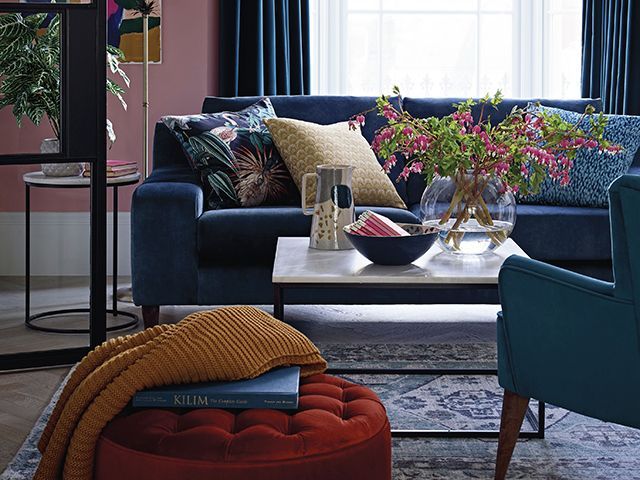 scarlet sofa in dark lilla teal - living room - goodhomesmagazine.com