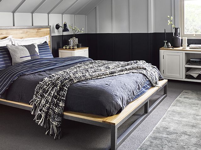 oak furnitureland brookly bed in black bedroom - goodhomesmagazine.com