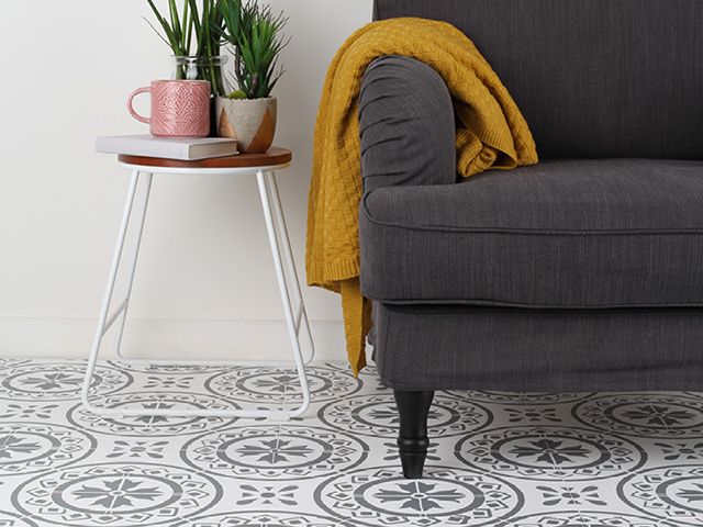 Rust-Oleum chalky stencil painted concrete floor - inspiration - goodhomesmagazine.com