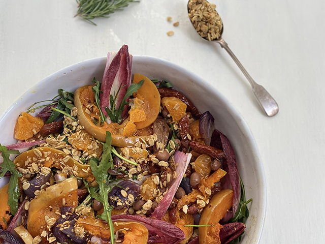 Fruity veganuary granola in bowl on kitchen worktop